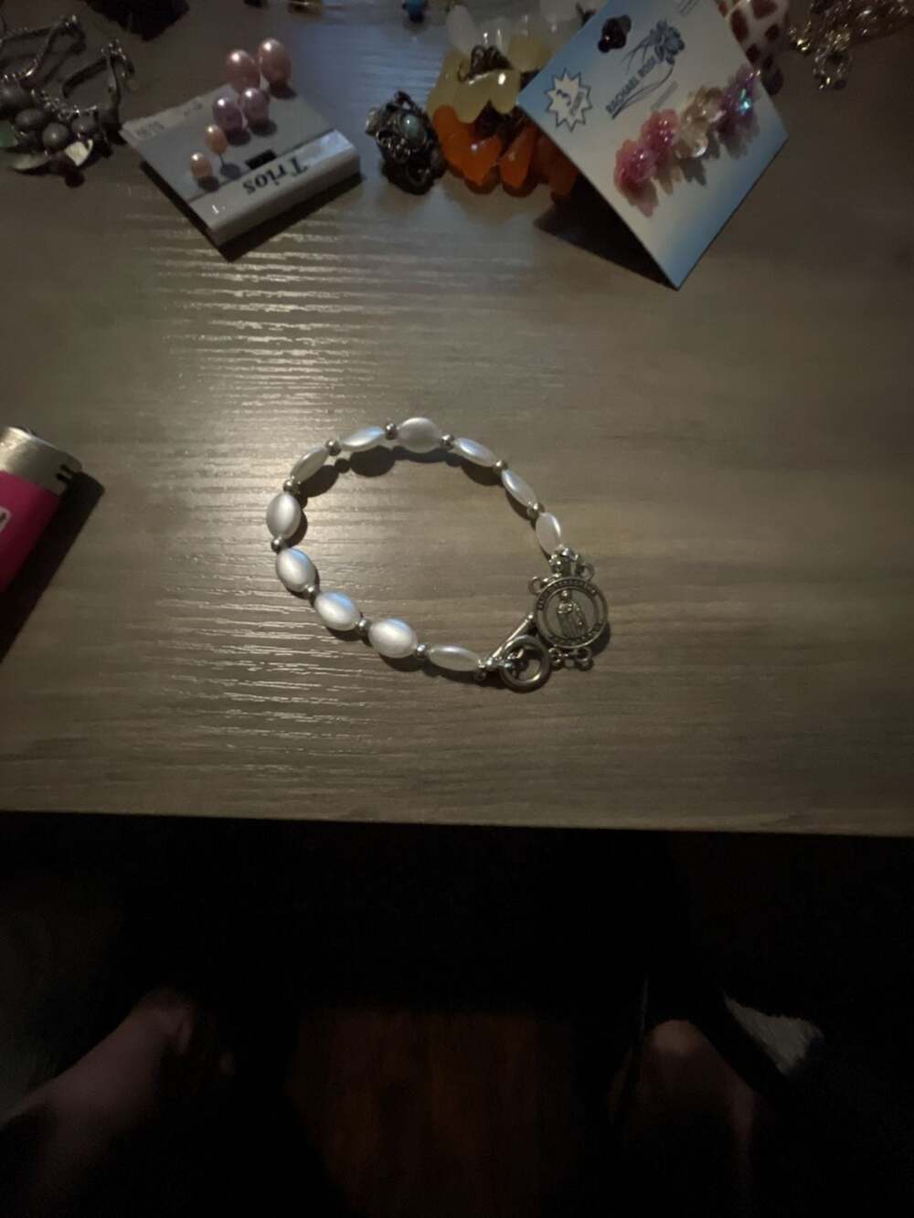 St. Peregrine Beaded Bracelet White Silver Faux Pearl